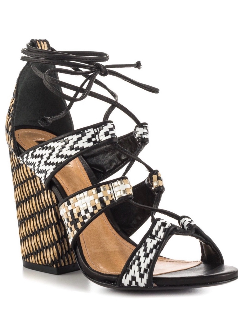 SCHUTZ Black, White & Tan Woven Lace-Up Block Heel Sandal